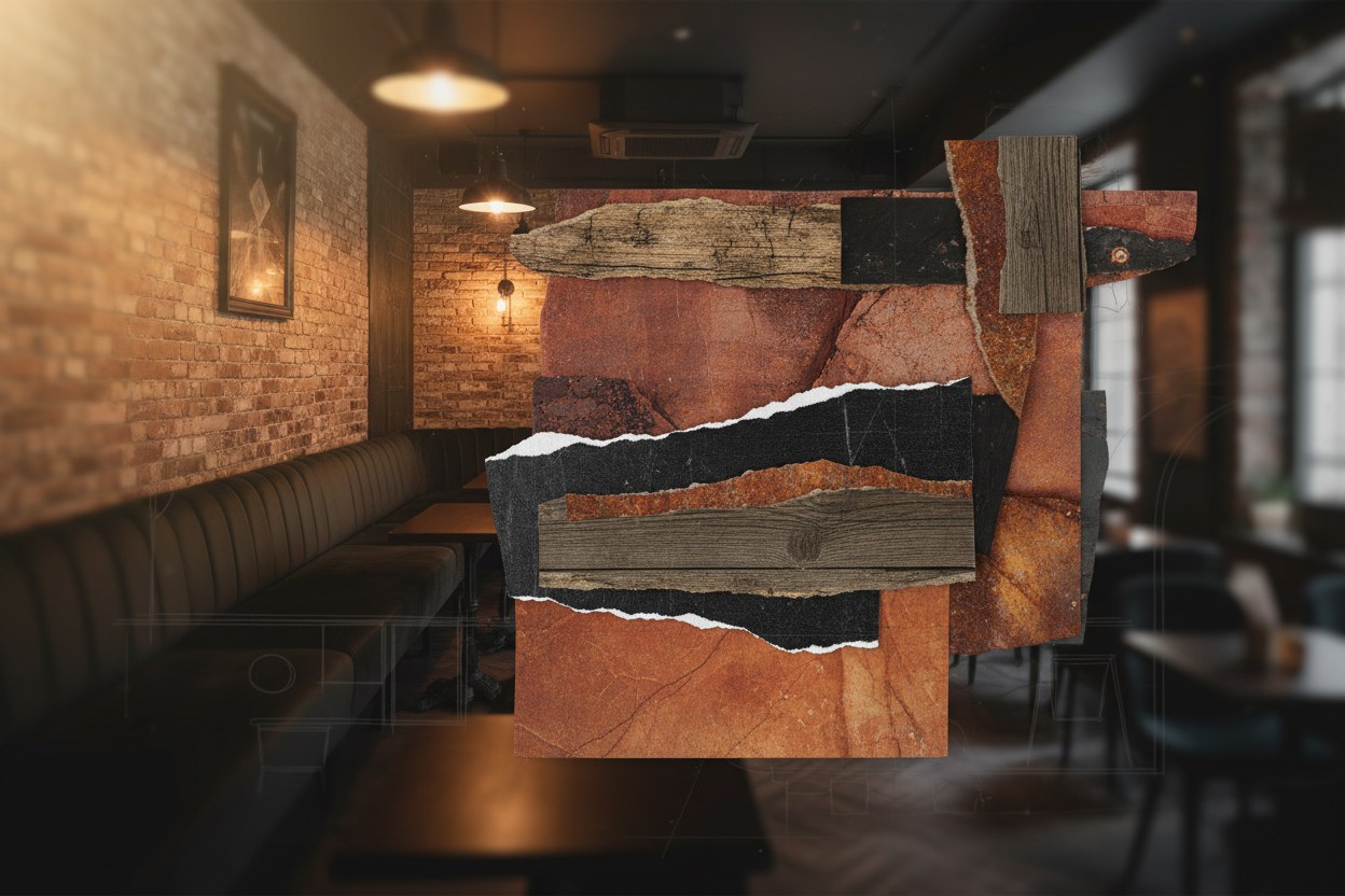 Kadıköy kafe bar bölümü için koyu renk ve terracotta malzeme panosu
