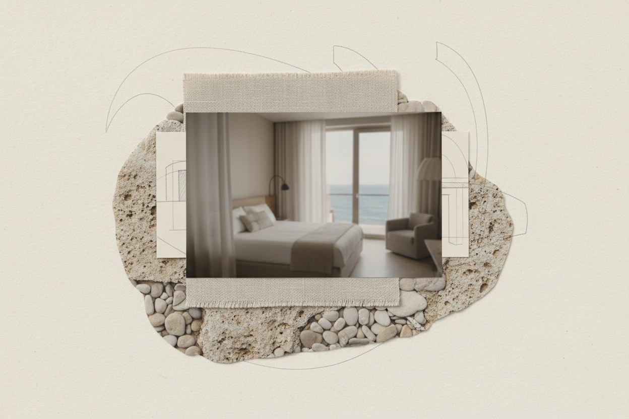 Çeşme otel suiti için doğal taş ve keten doku konsept panosu